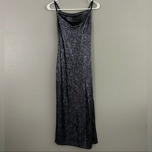 Bebe Cowl Neck Shimmer Metallic Spaghetti Strap Maxi Dress Gown Size XS Slit